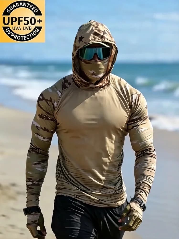 Men Tactical Camouflage Print Sun Protection Clothing Full Face Mask Thumb Hole Outdoor Beach UV Block Long Sleeve