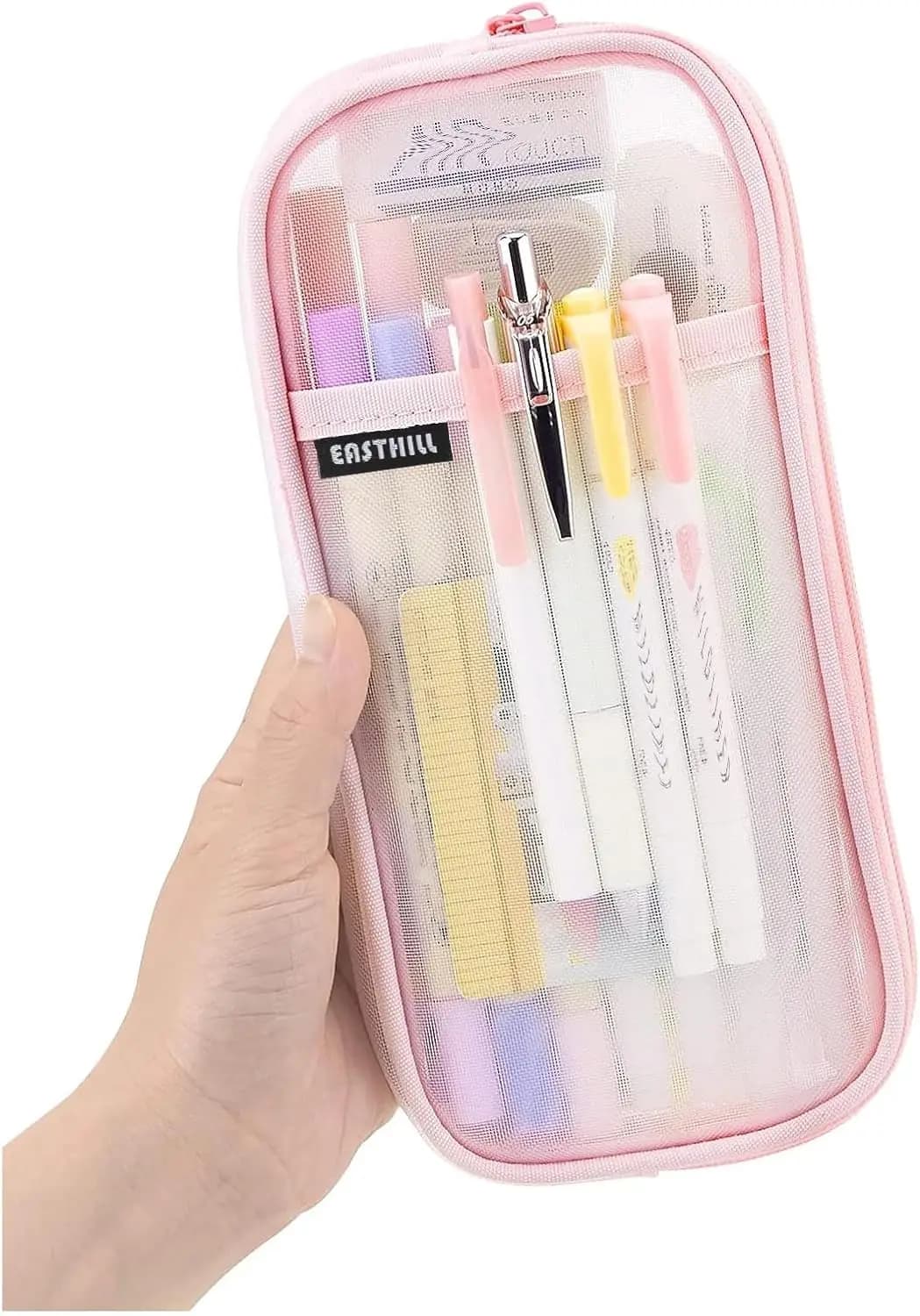 Astuccio a rete trasparente con cerniera, pochette rosa per trucchi, organizer multiuso per viaggi, scuola e ufficio