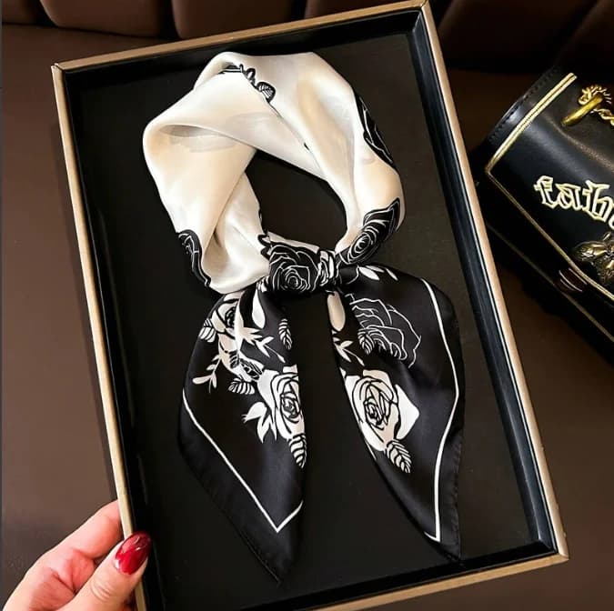 Black White Rose Print Satin Small Scarf Women Neck Scarf Hair Accessories