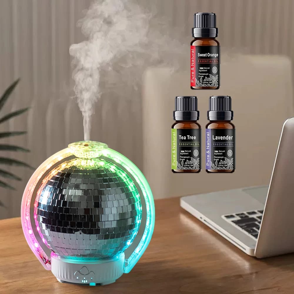 Umidificatore a sfera laser con 7 luci a LED Diffusore per aromaterapia da 120 ml Include 3 oli essenziali per un'atmosfera rilassante e l'aria fresca