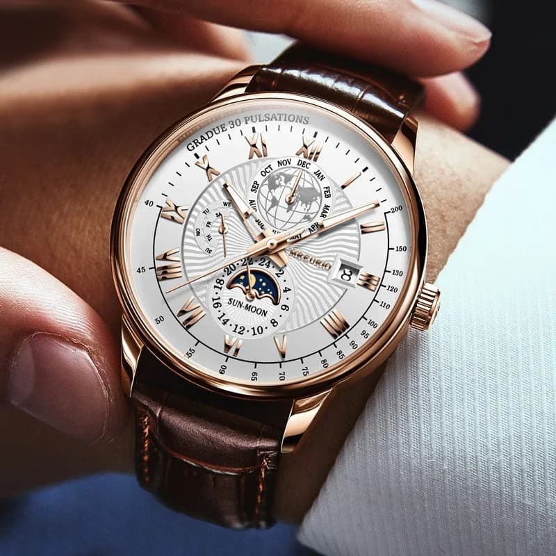 Nuovo orologio da uomo alla moda, calendario con tre quadranti, cielo stellato e luna, cinturino in pelle, movimento al quarzo