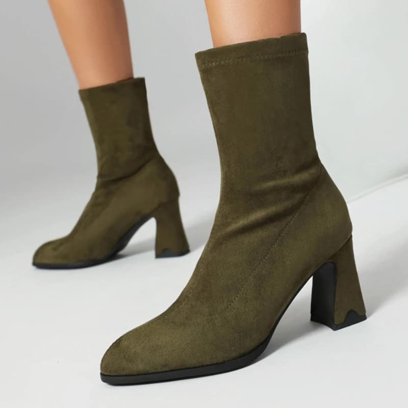 Elegant Ankle Sock Boots for Women Black Beige Green Short Boot Heels Slim Thigh Party Shoes Lady Big Size New 2024 Winter