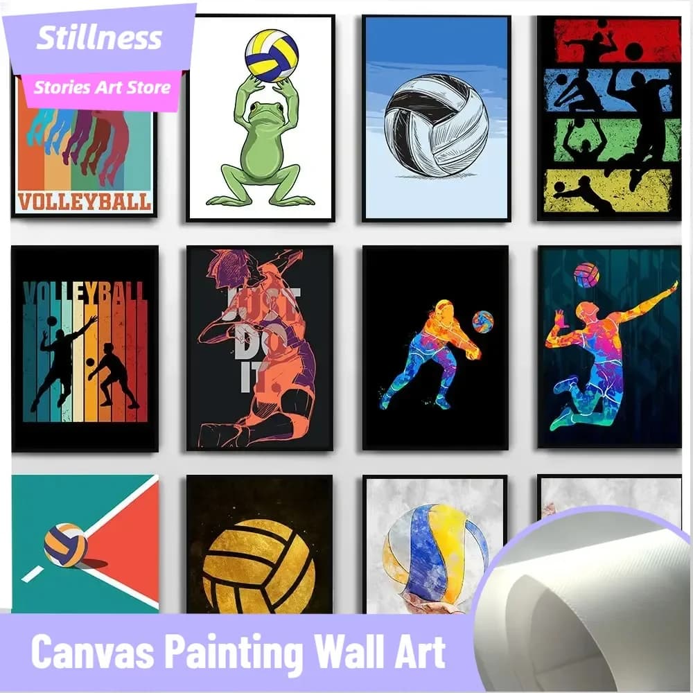 Pictures on frameless canvas Stillness Stories, frameless watercolor painting, volleyball, sport with ball, volleyball, flat posters, wall paintings