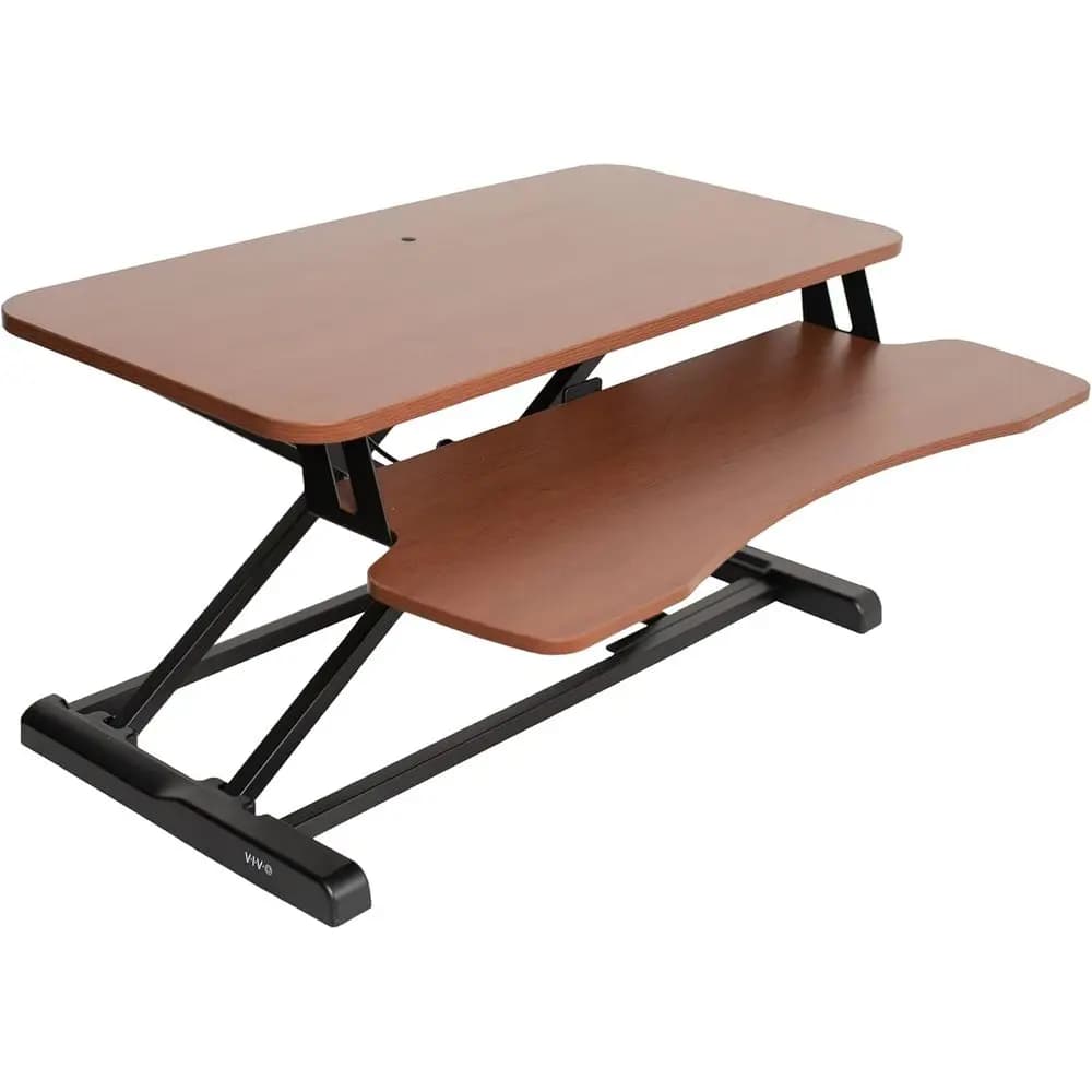 Convertitore per Scrivania Regolabile in Altezza da 32 Pollici, Supporto per Doppio Monitor e Laptop con Ampio Vassoio per Tastiera, Piano in Noce, Telaio Nero
