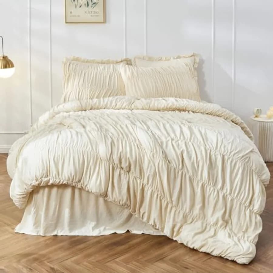Set Copripiumino - Set Letto con Copripiumino Arricciato Stile Boho Shabby Chic per Camera da Letto, Copripiumino Soffice 3 Pezzi con Volant