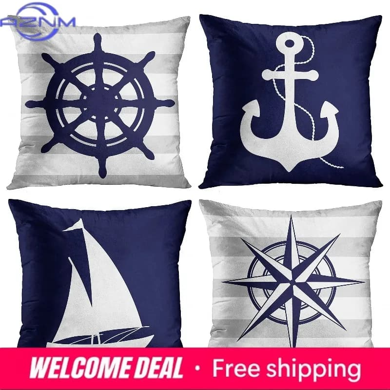 Fodere per cuscini decorativi con motivo nautico blu navy e bianco, adatte per divano, camera da letto, auto