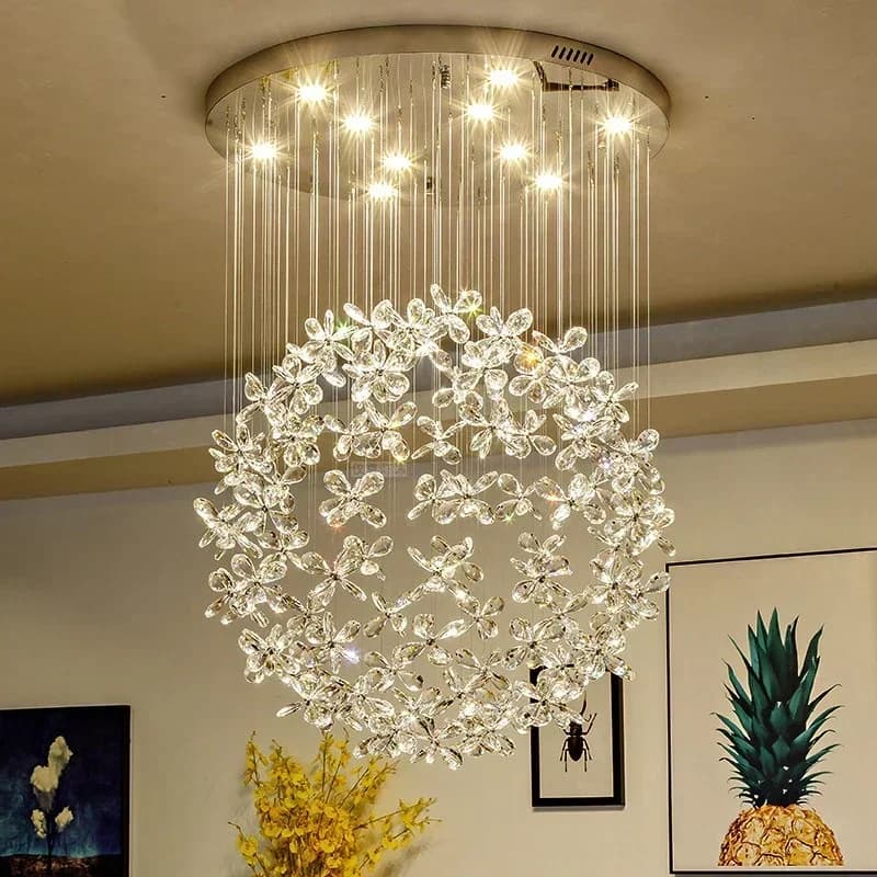 Lampadario Moderno a Sfera Floreale in Cristallo K9 per Soffitto, Illuminazione per Scale e Ville, Apparecchio Sospeso per Centri Commerciali, Luci LED GU10