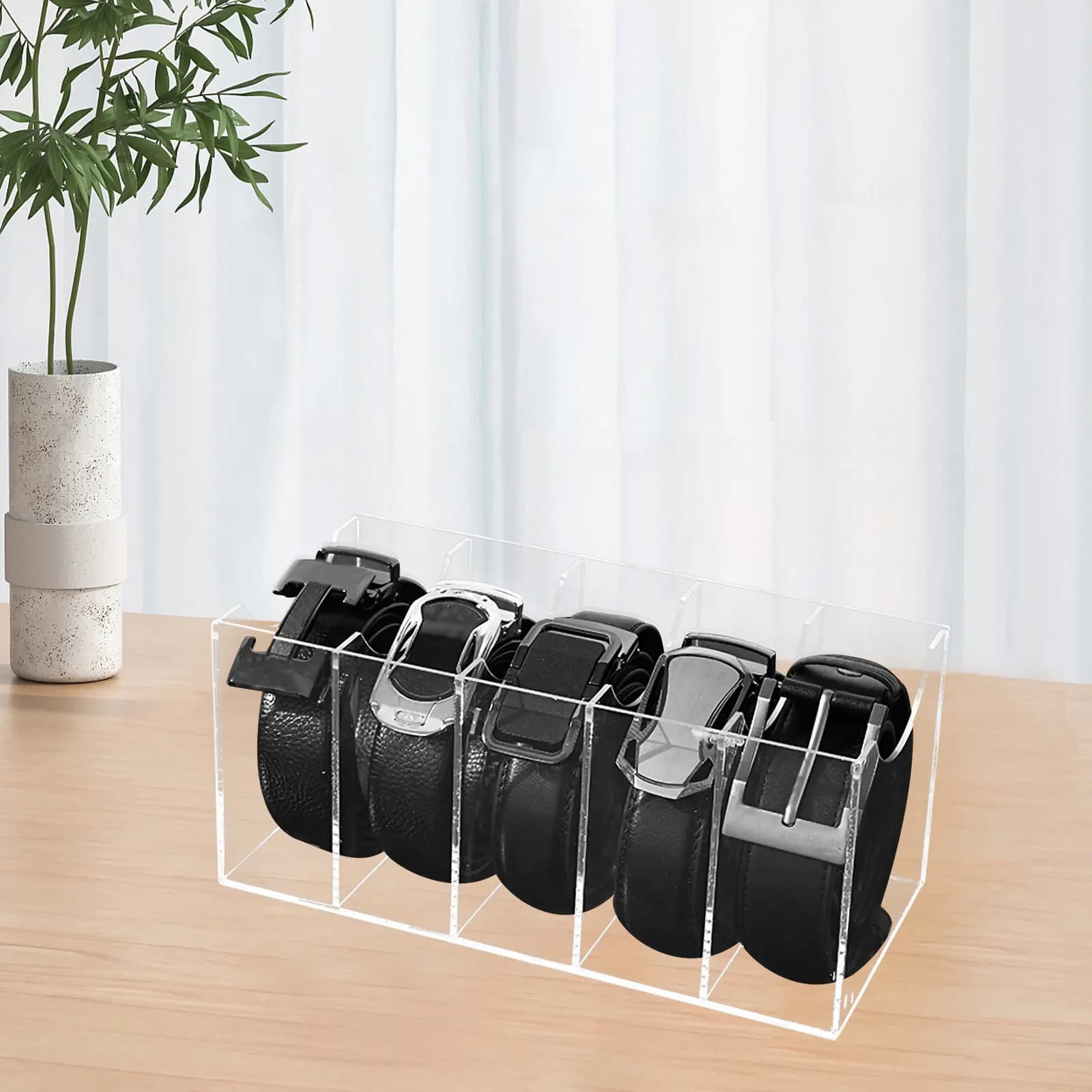 5-Compartment Transparent Belt Organizer Acrylic Storage Box for Closet Belt Holder Tie Organizer for Men and Women Accessories