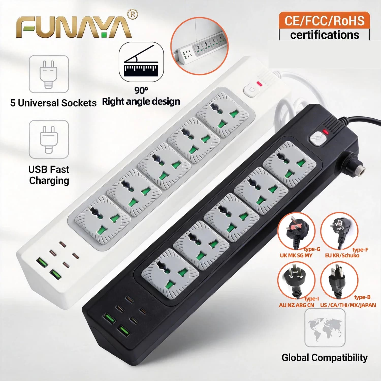 Presa Multipla Universale FUNAYA con Prolunga Elettrica 90 ° Presa angolare a girella multipla EU US AU UK con USB-A e USB-C e protezione da sovraccarico