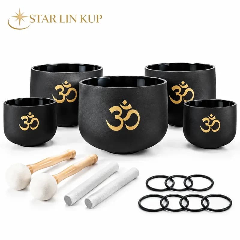 STAR LIN KUP 6-12 Inch OM Design Double Black Quartz Crystal Singing Bowls 7 Chakra Set for Sound Healing Meditation with