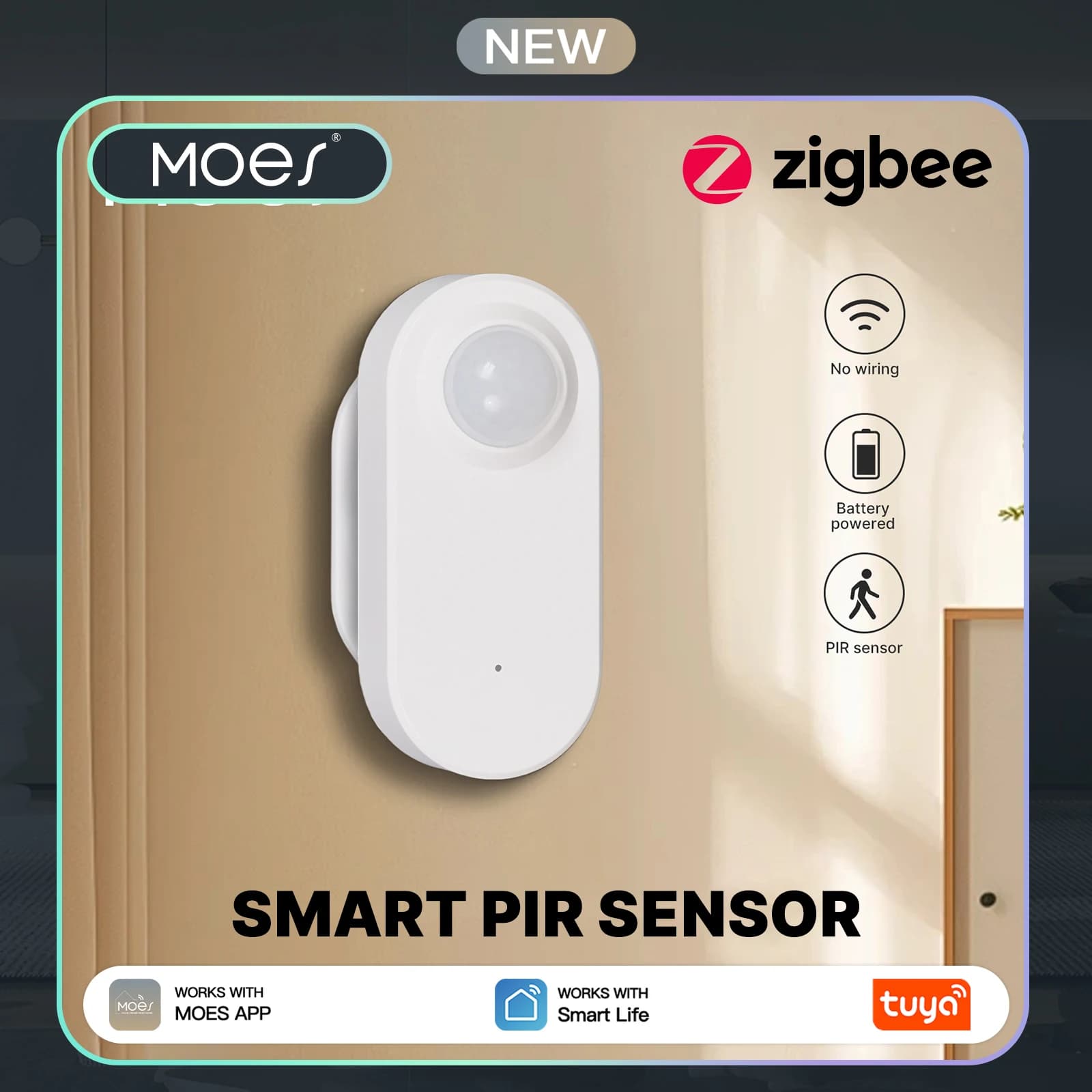 Sensore di movimento MOES Zigbee, rilevatore PIR wireless alimentato a batteria per la sicurezza domestica, funziona con l'app Tuya/Smart Life, collegamento scena