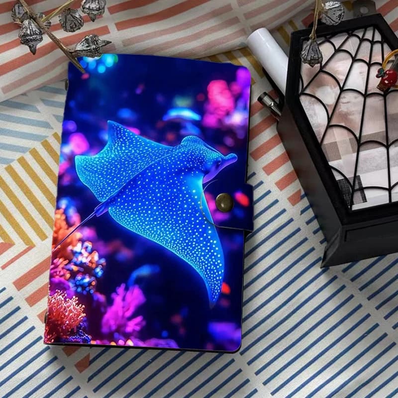 Colorful Neon Stingray Pattern Notebook 6 Ring Binder Journal Underwater Sea Life Art Agenda Diary with Snap Closure Stationery