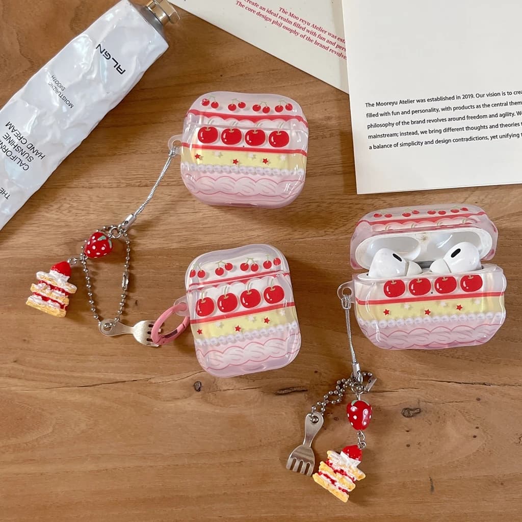 Sweet Cherry Cream Dessert Cake Wavy Edge With Pendant Shock Proof Earphone Cover Case for AirPods 1 or 2 3 4 Pro 2 Pro 3