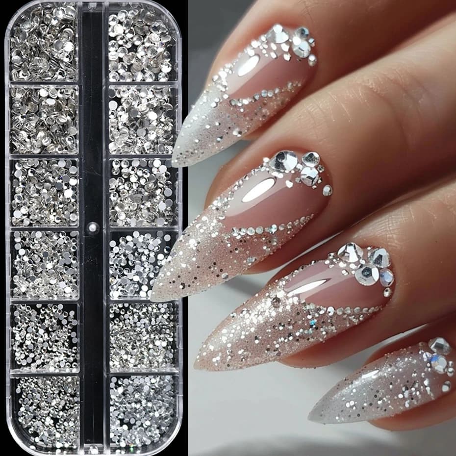 12 Griglie di Decorazioni per Unghie con Strass Argentati a Fondo Piatto, Cristalli Brillanti e Paillettes Diamantate per Unghie, Adatte per Decorazioni di Matrimoni e Feste