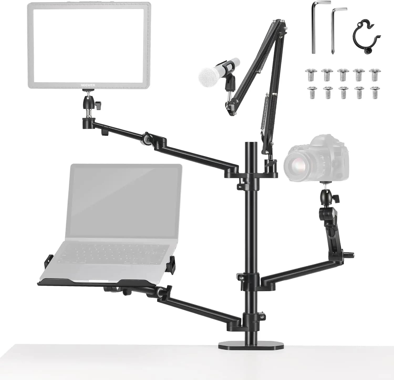 Supporto da Tavolo per Fotocamera con 4 Bracci Estensibili per Fotografia, Video, Luce ad Anello, Supporto per Telefono, Webcam e Microfono
