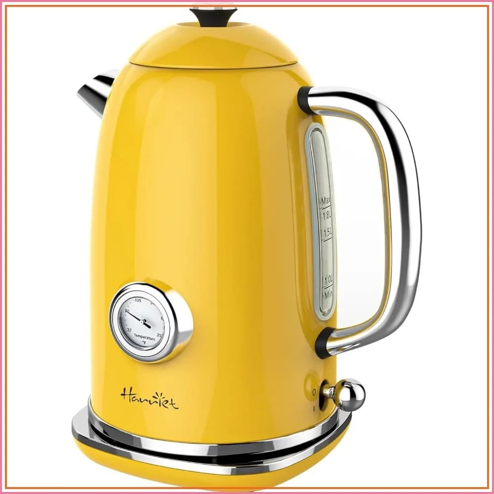 Retro Electric Kettle, 1.8L Stainless Steel with Thermometer, 1500W Fast Boil, Auto Shut-Off, Yellow