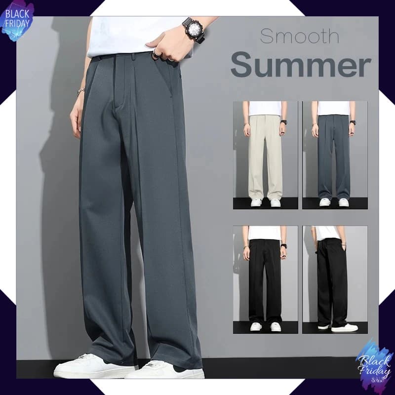 Men's 2026 Summer Korean Style Loose Straight Leg Draping Lightweight Casual Pants Slacks Khaki Dark Gray Black Trousers Male