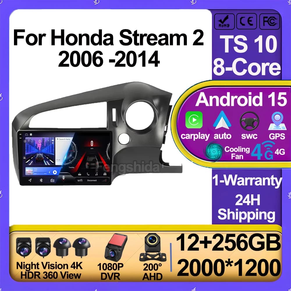 Android 15 Wireless Carplay For Honda Stream 2 2006 -2014 RHD Auto Radio Multimedia Video Player Navigation 5G Wifi Touch Display