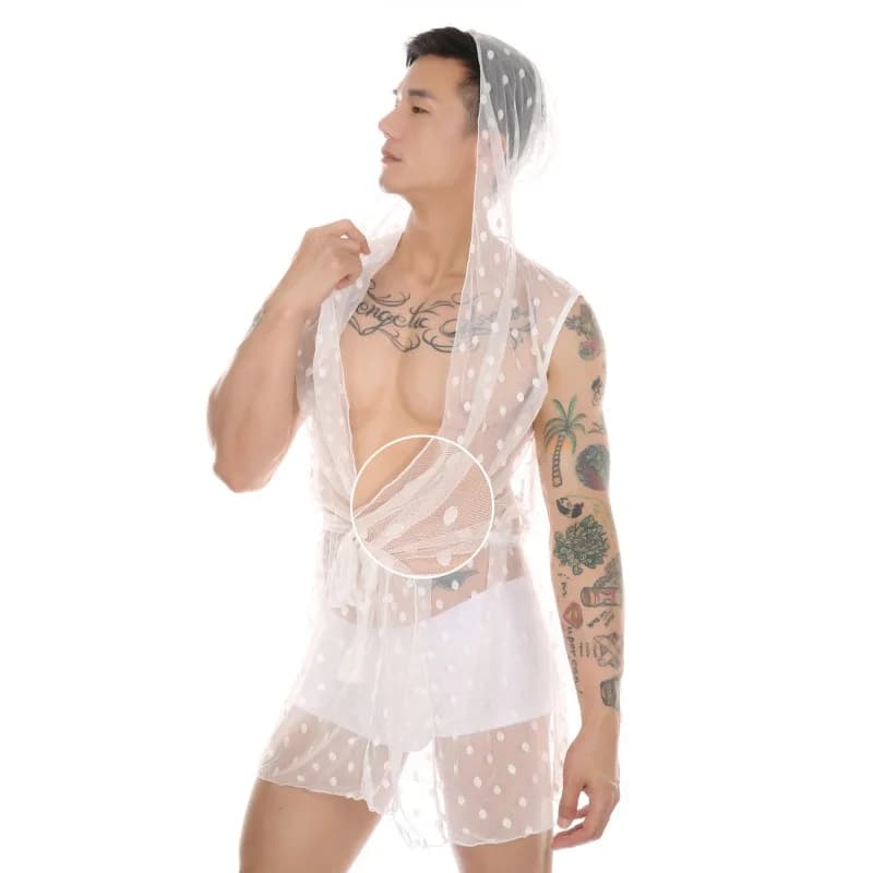 Sissy Lingerie da uomo Accappatoio Trasparente Sexy Pigiama in rete di pizzo Abito da notte con cappuccio Biancheria intima da crossdressing Camicia da notte gay