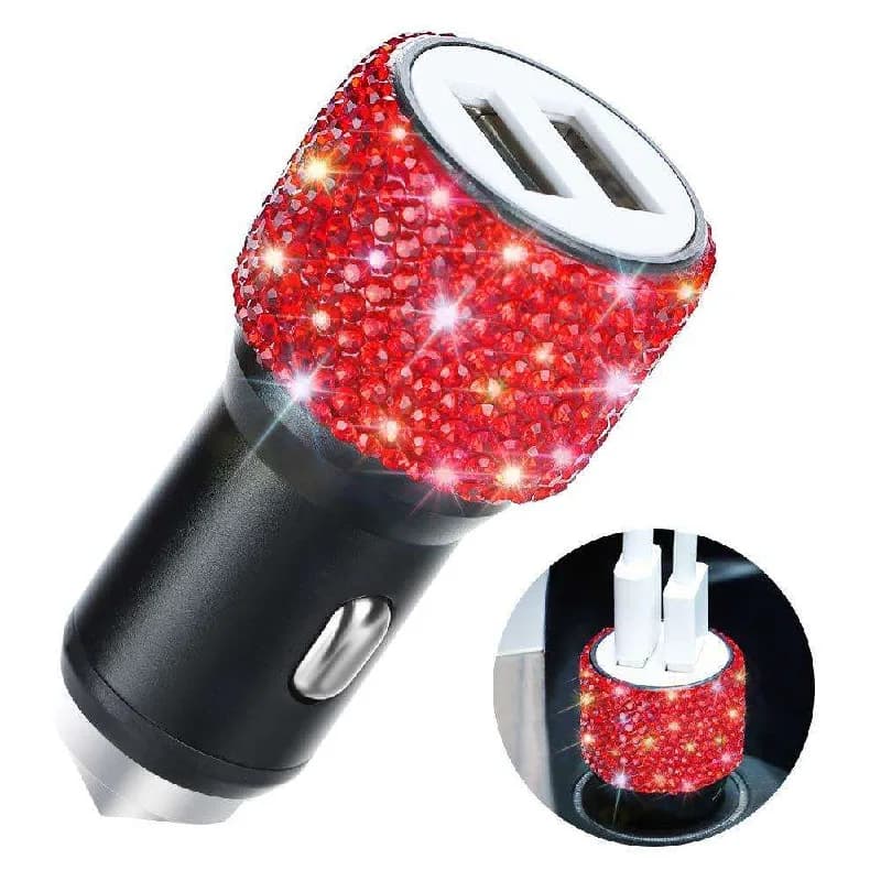 Dual USB Port Car Charger Safety Hammer Design Handmade Rhinestone Crystal Car Decoration For Fast Charging