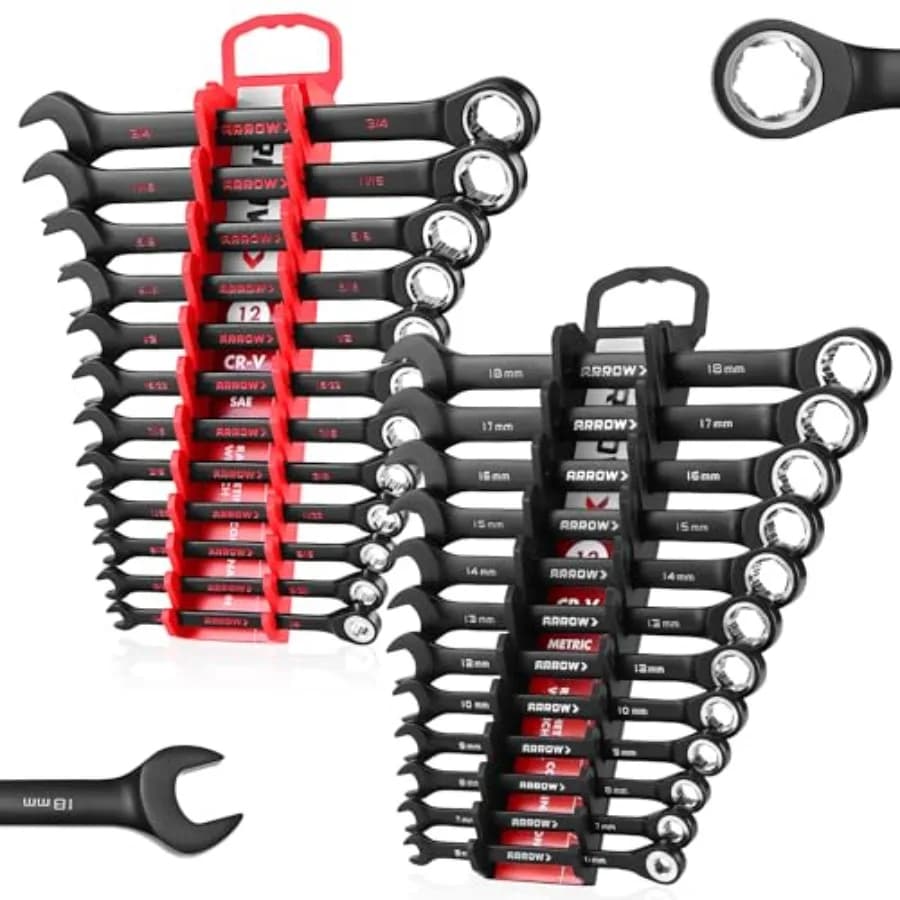 ARROW 24PCS Set di chiavi a cricchetto metriche e standard antiscivolo 6-18mm e 1/4"-3/4" Set di chiavi a cricchetto combinate con 2 Magn