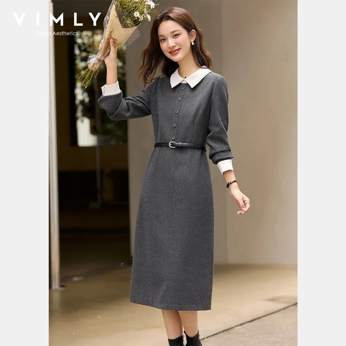 VIMLY Abito Chic da Donna Casual a Contrasto di Colore, Vestito Lungo a Trapezio Invernale 2026 con Fibbia sul Polsino e Colletto a Risvolto, Abbigliamento Femminile A3391