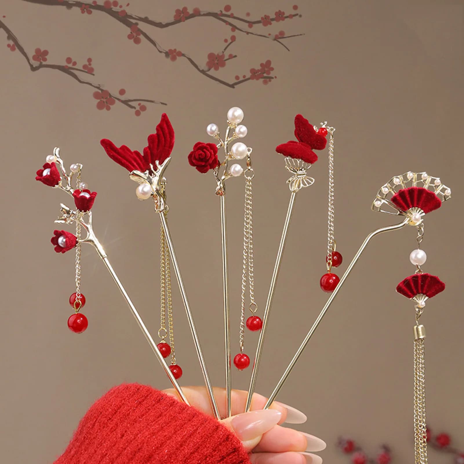 Fermaglio per capelli a forma di rosa in stile cinese per donna, pettine per capelli a fiore rosso, accessorio per capelli fatto a mano in lega metallica per ragazze