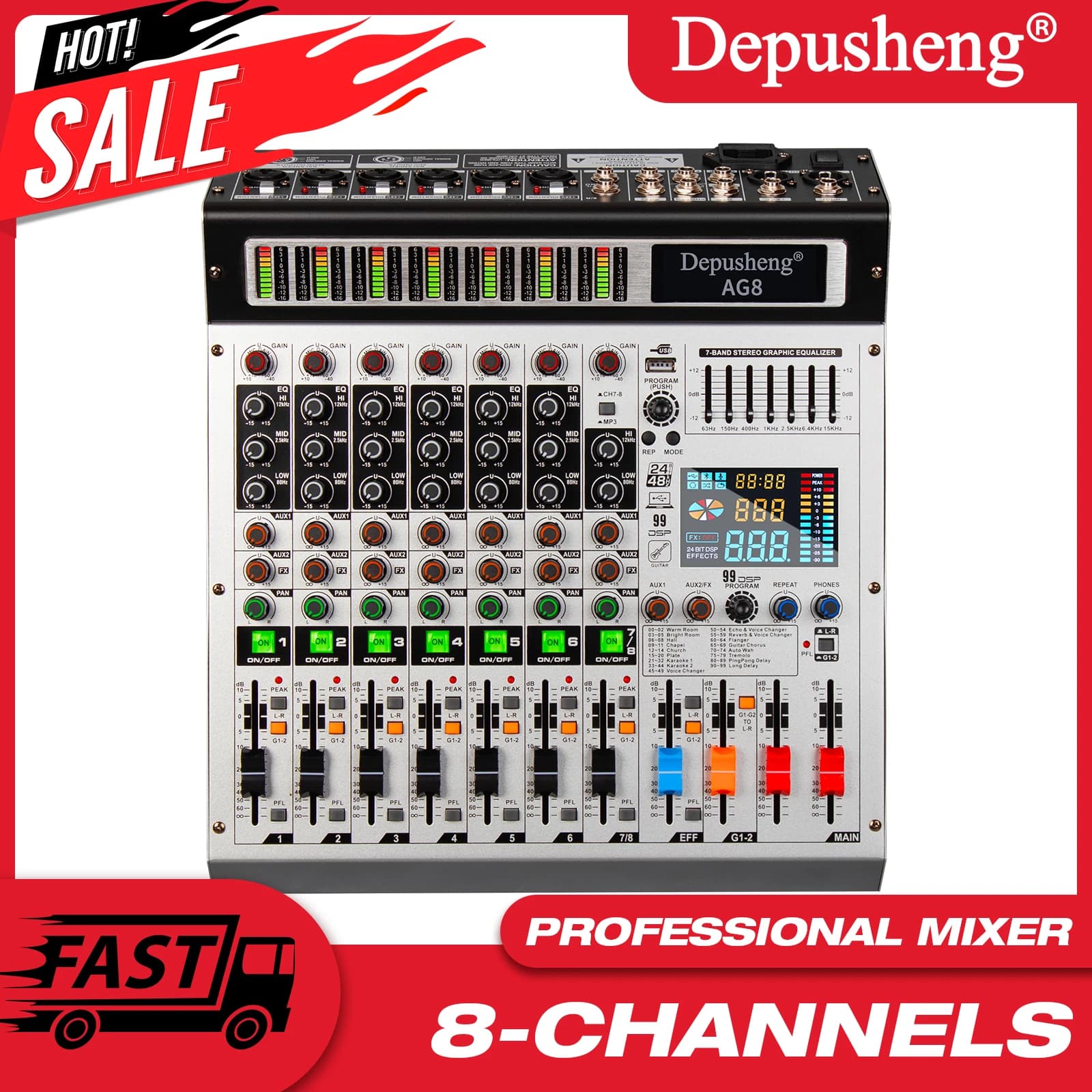 Mixer a 8 canali Console di missaggio DJ Bluetooth 48V Phantom Power Monitor Sistema Karaoke Mixer USB Audio per performance sul palco