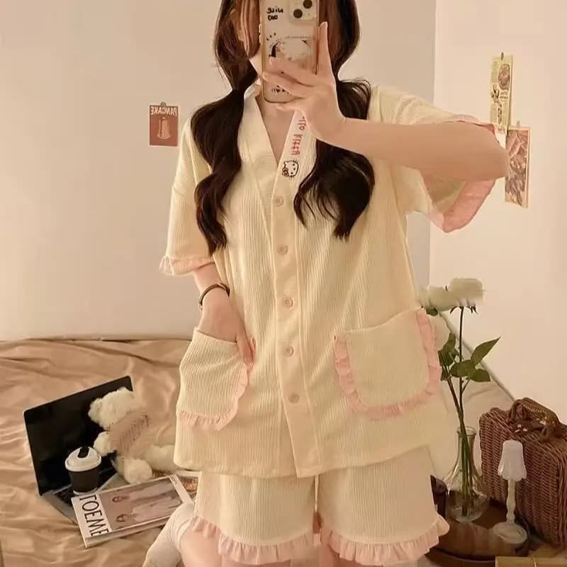 Pigiama da donna coreano dolce e confortevole in due pezzi per primavera e autunno, per adolescenti e studentesse, abbigliamento casual da casa