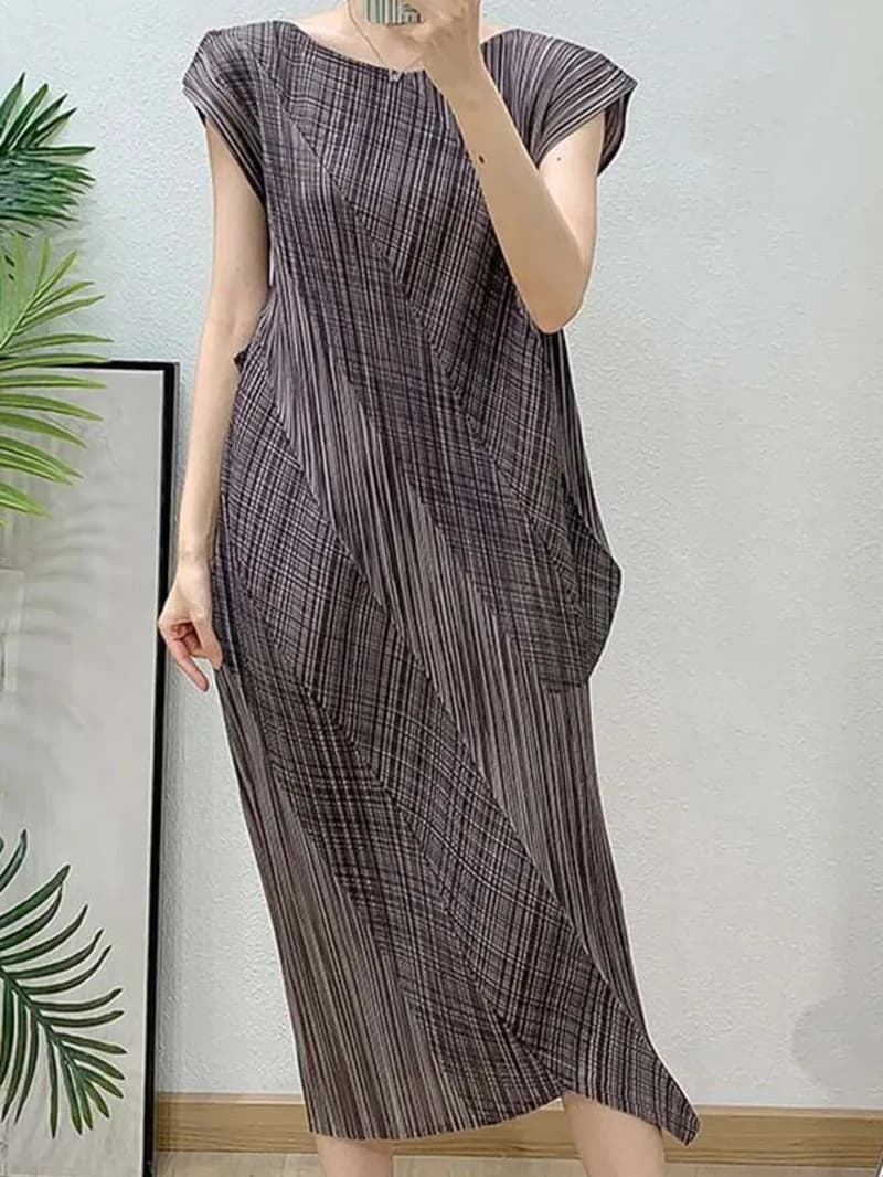Abito da donna plissettato verde stampato irregolare fatto a mano, senza maniche, girocollo, design chic, Estate 2025 - 251J7