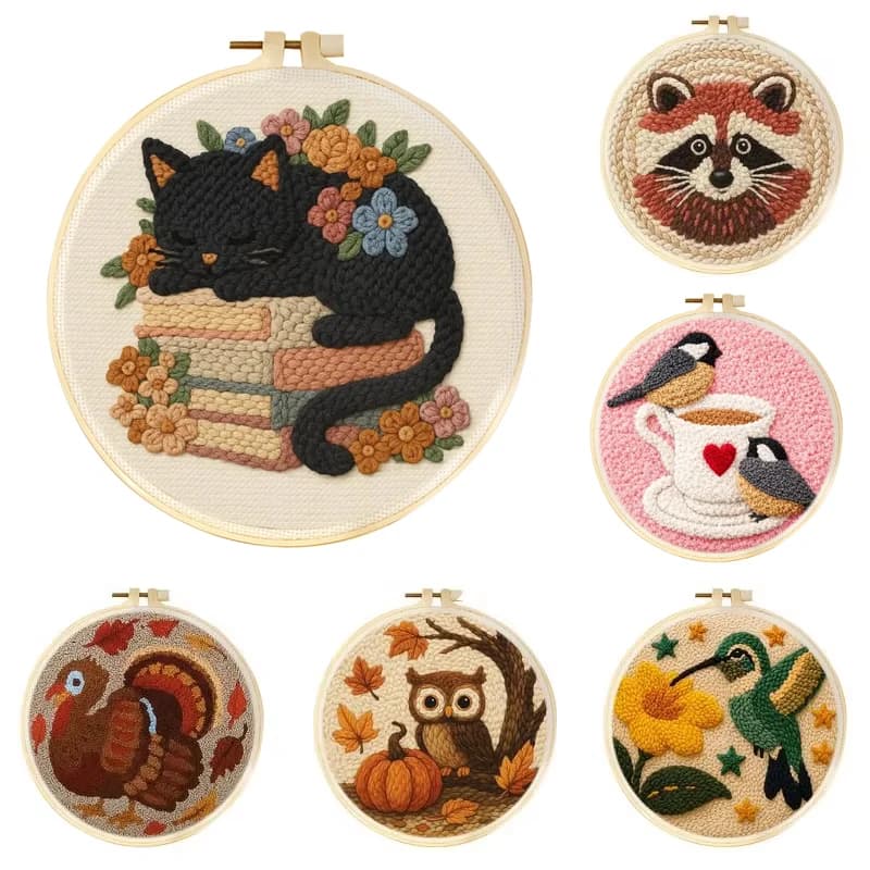 Funny Punch Needle Starter Kit Animal Pattern Sewing Magic Tufting Set Poking Embroidery with Frame