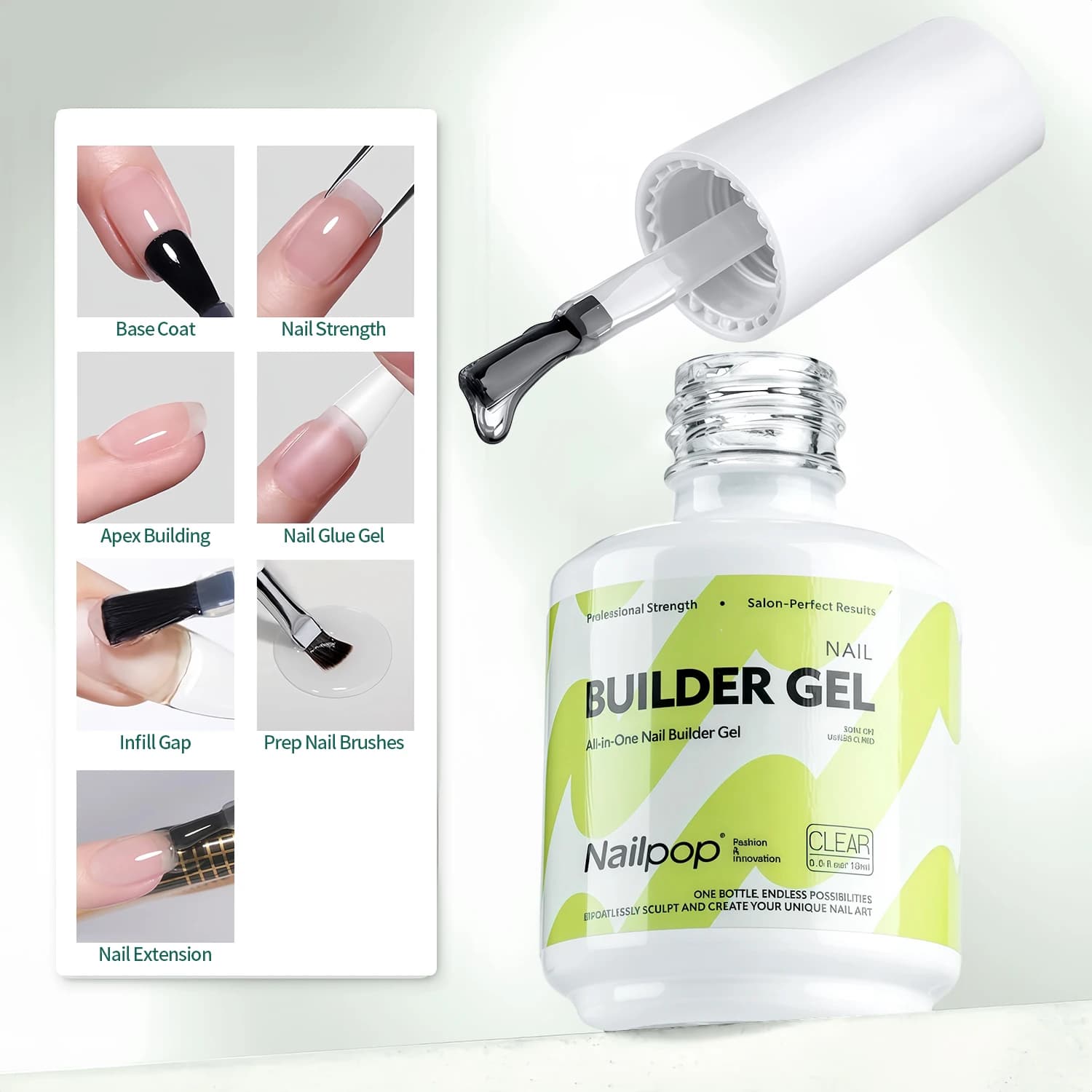 Nailpop Builder Gel per unghie 4 colori Base Coat Rinforzo Ispessimento Estensione Colla per strass Gel Smalto Pennello in bottiglia 15ml
