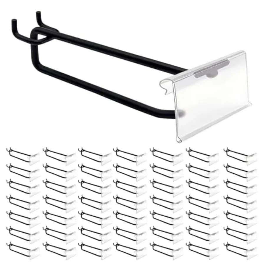 50 Ganci per Pannello Forato da 4 Pollici con Portaetichette per Pannello Forato da 1/4 di Pollice, Ganci in Metallo Nero con Slot per Cartellino Prezzo, Accessori per Parete