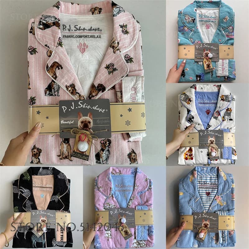 Print Cartoon Women's Pajamas Two-Piece Set Sleepwear Spring Autumn New 100% Cotton Trouser Pyjama Femme Loose Casual Homewear