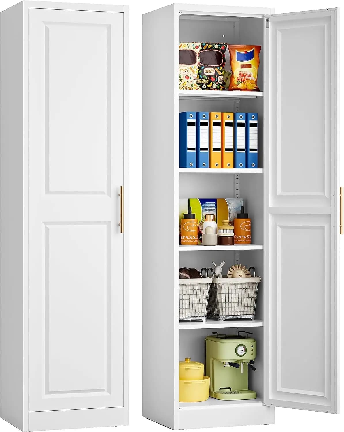 Tall Narrow Storage Cabinet With One Door And Five Shelves Slim Kitchen Pantry Cabinet Metal Bathroom Cupboard Large Organizer Unit White
