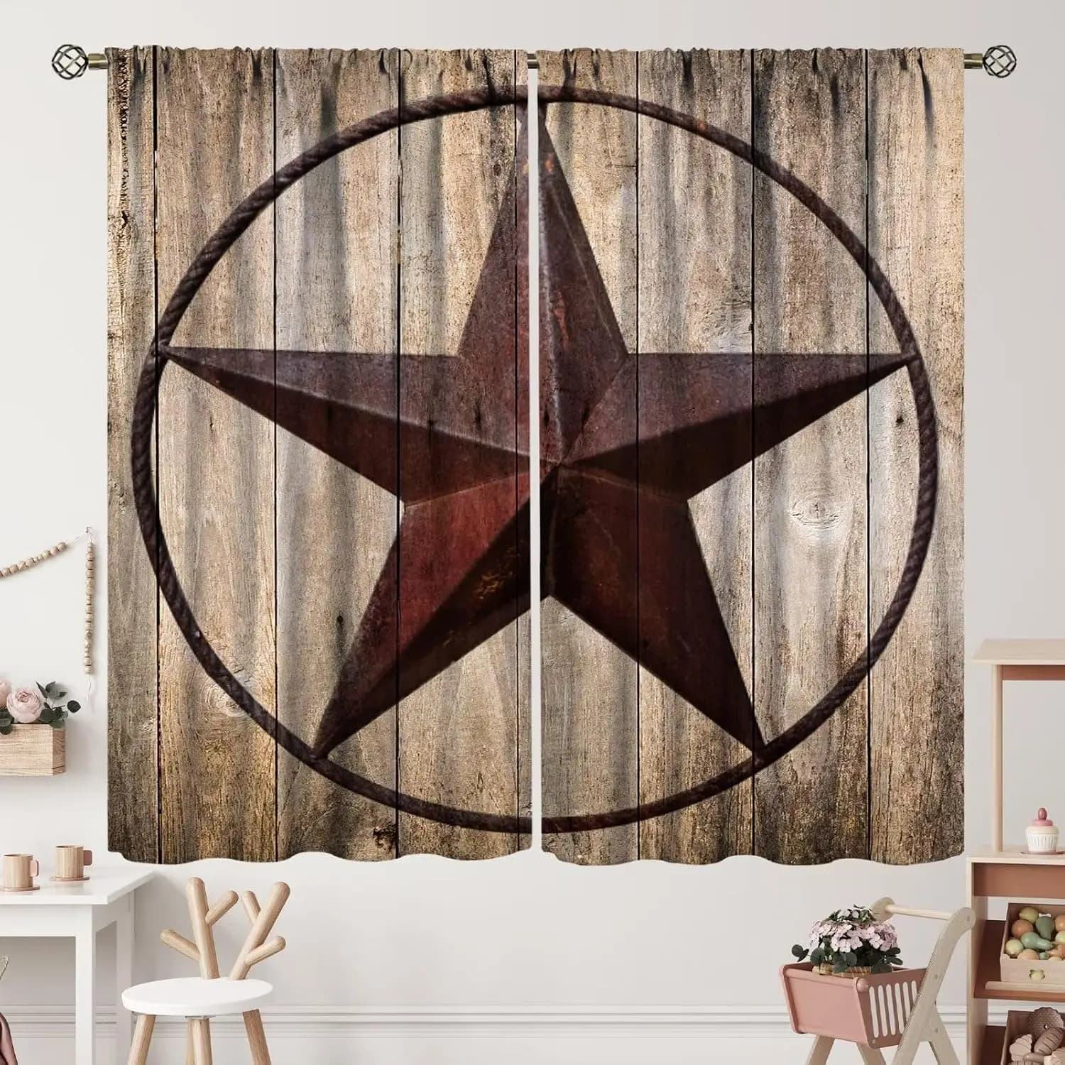 Western Texas Star Curtain 2 Panels, Rustic Wood Board Iron Lone Star Print, Window Drapes for Farmhouse Cabin Country Home