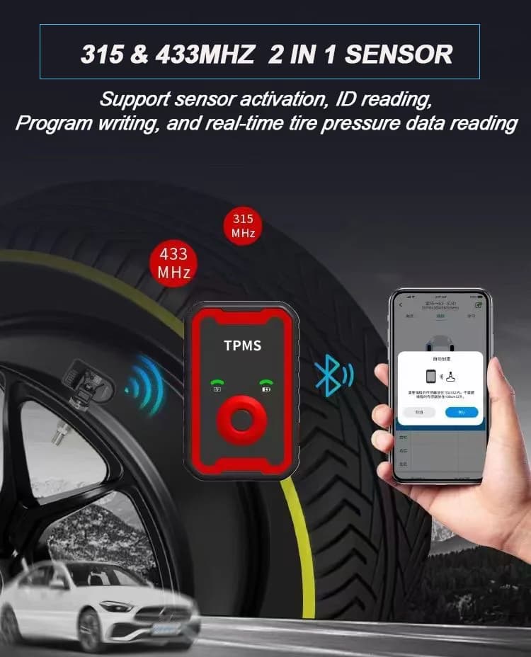 Sensori TPMS programmabili 2 in 1 433MHz+315MHz con supporto per la programmazione tramite cellulare - Sistema di monitoraggio pressione pneumatici