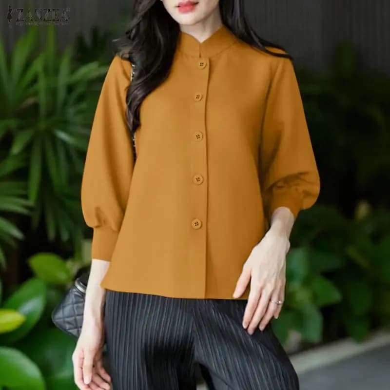 ZANZEA Camicie Eleganti da Donna OL, Blusa a Maniche a 3/4 con Maniche a Sbuffo, Tinta Unita, Moda Casual da Lavoro e Ufficio, Blusas Femminili Streetwear 2026