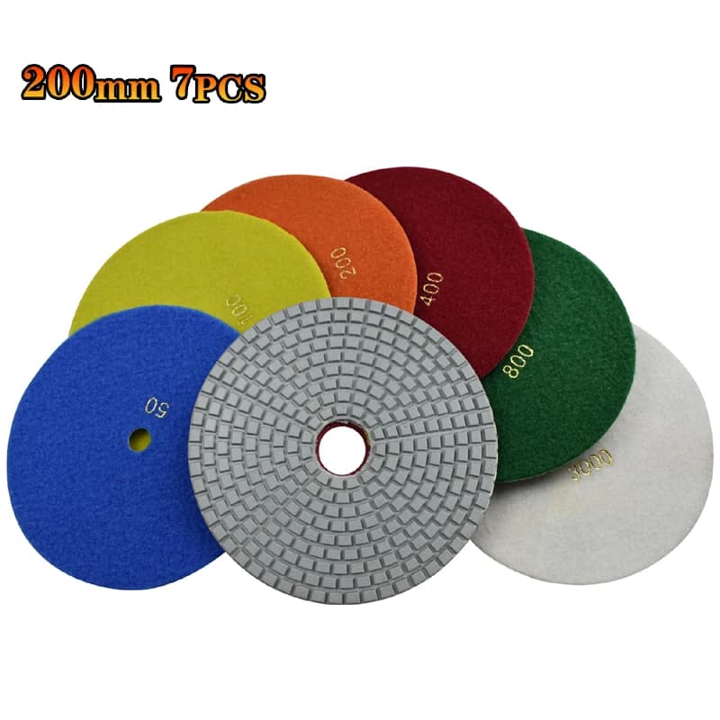 200mm 8" Wet Diamond Polishing Pads Set of 7pcs Abrasive Sandpaper Tool for Marble Granite Concrete Stone Sanding Buffing