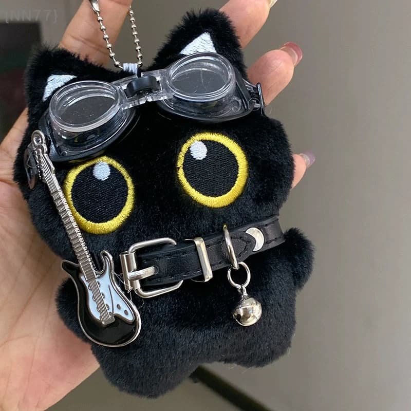 diNo di cute black cat keyring in cartoon plush - Design of swimming goggles with characters of plush and pendant