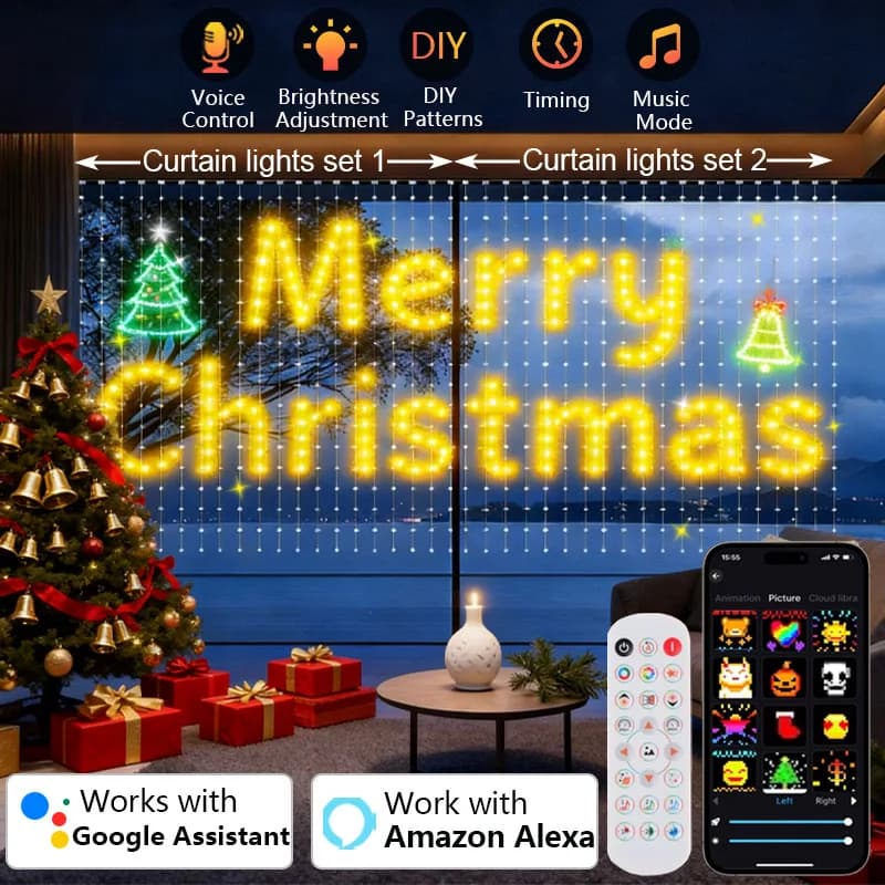1/2PCS 400LED Smart Tenda Luce Luci Di Natale Dinamico FAI DA TE Cambia Colore Modello Testo con APP A Distanza per la Decorazione Della Festa A Casa