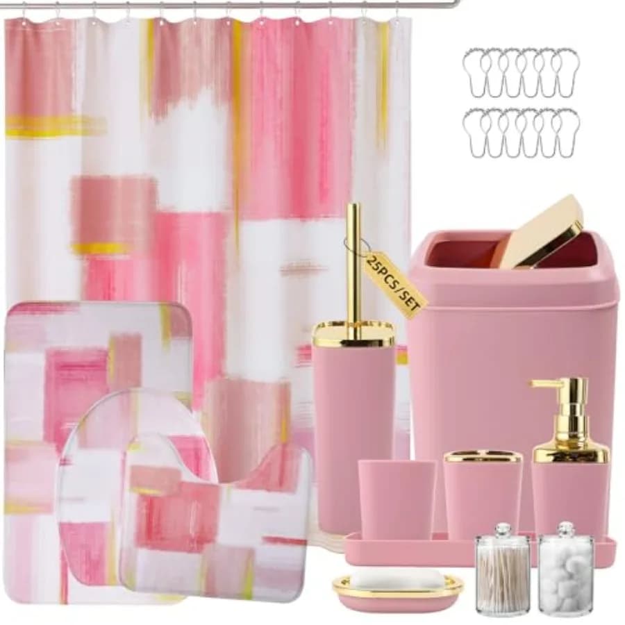 Set da Bagno Rosa e Oro con Tenda Doccia e Tappetini, Include Cestino, Dispenser Sapone e Portasapone per Arredamento Casa