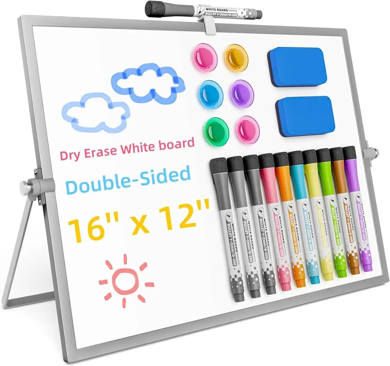 Lavagna bianca cancellabile a secco bifacciale, lavagna da tavolo magnetica da 16'' x 12'' con supporto, 10 pennarelli, 6 magneti per lavagna, 2 cancellabili