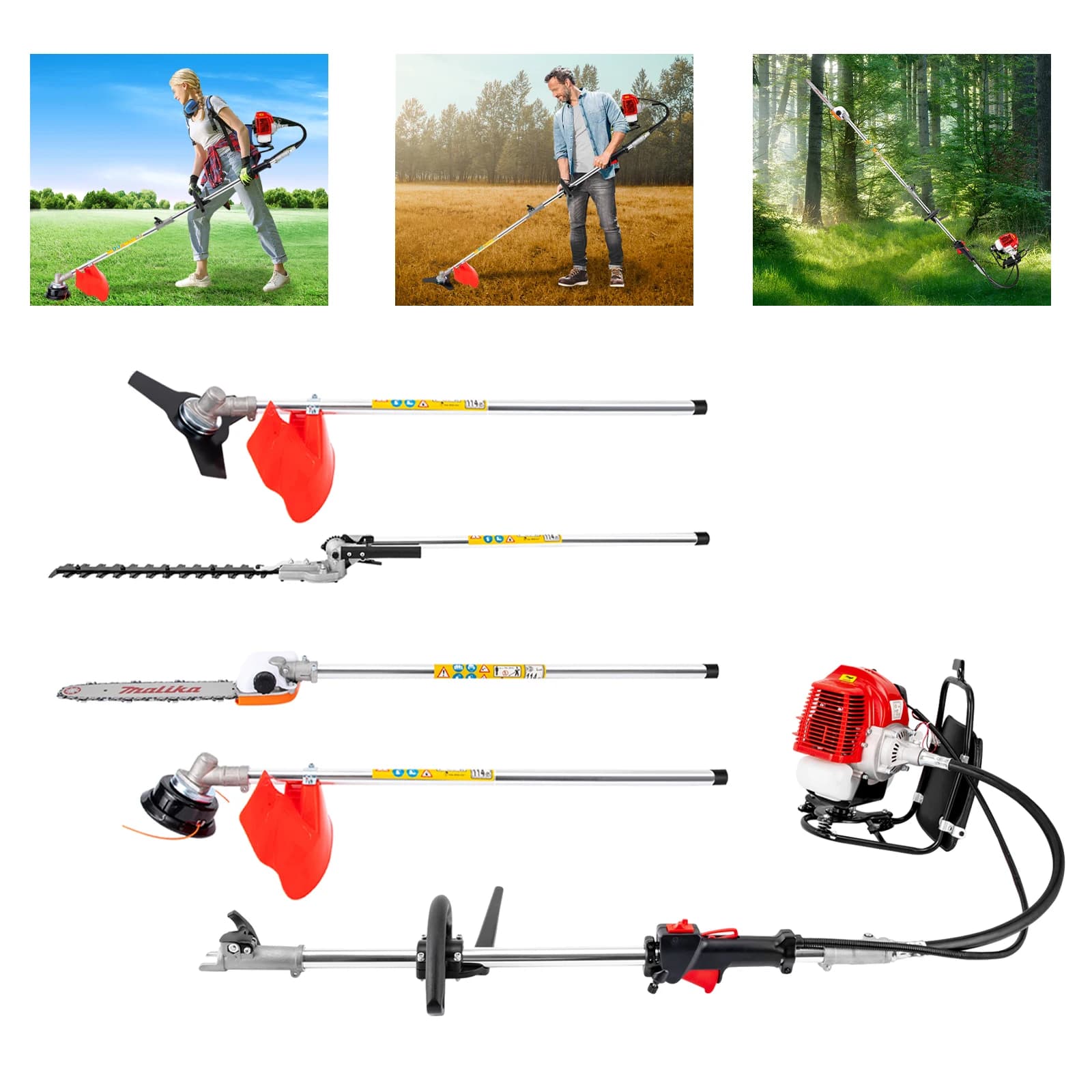 52CC 2-Stroke Backpack 4-in-1 Gas Garden Tool, Pole Chainsaw Hedge Trimmer Brush Cutter Weed Eater Edger, 1.7KW High Power Multi Trimmer