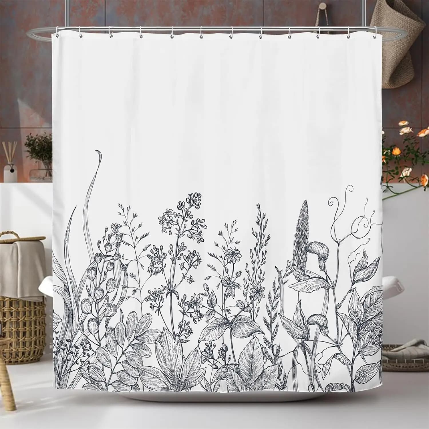 Botanical Floral Shower Curtain Black and White Leaf Sketch Print Boho Bathroom Decor Curtain 72x72 Inches