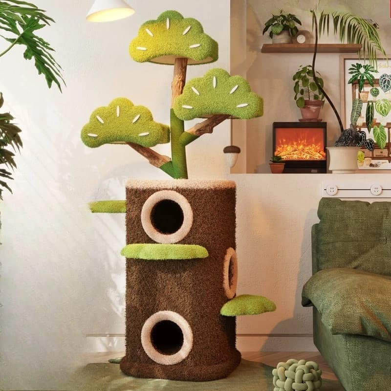 Tiragraffi per gatti in legno massello, grande, di lusso, a forma di albero, con tana, salvaspazio per appartamenti piccoli