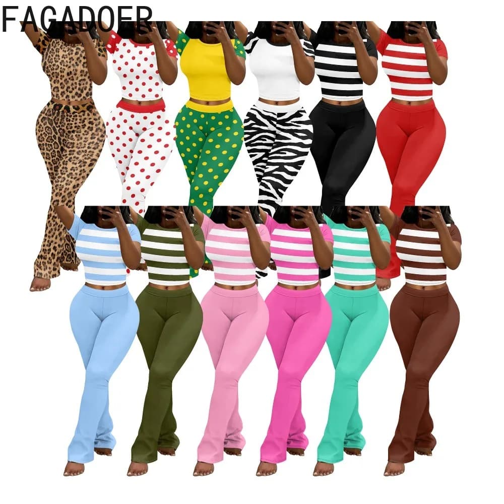 FAGADOER New Sweet Polka Dot 2 Piece Outfit Women Fashion Leopard Print Short Sleeves Crop Top and Flared Pants Sets Streetwear