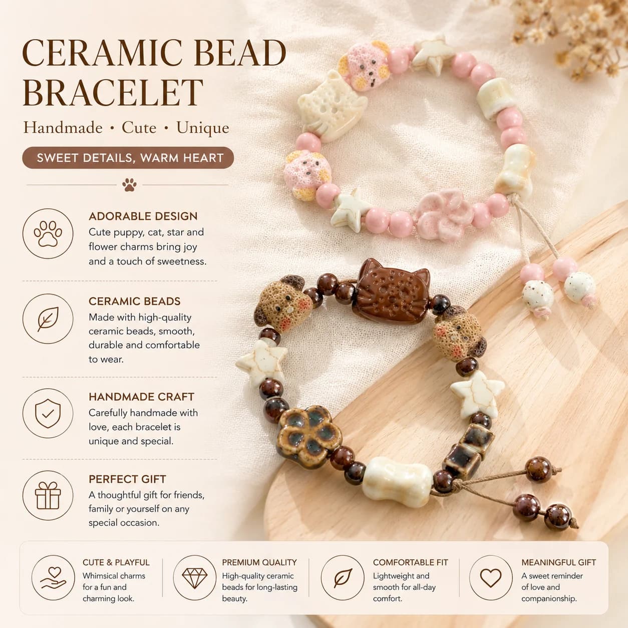 Braccialetto in ceramica di alto valore estetico, ottimo amico per cani e gatti, braccialetto intrecciato per nuove coppie e migliori amici