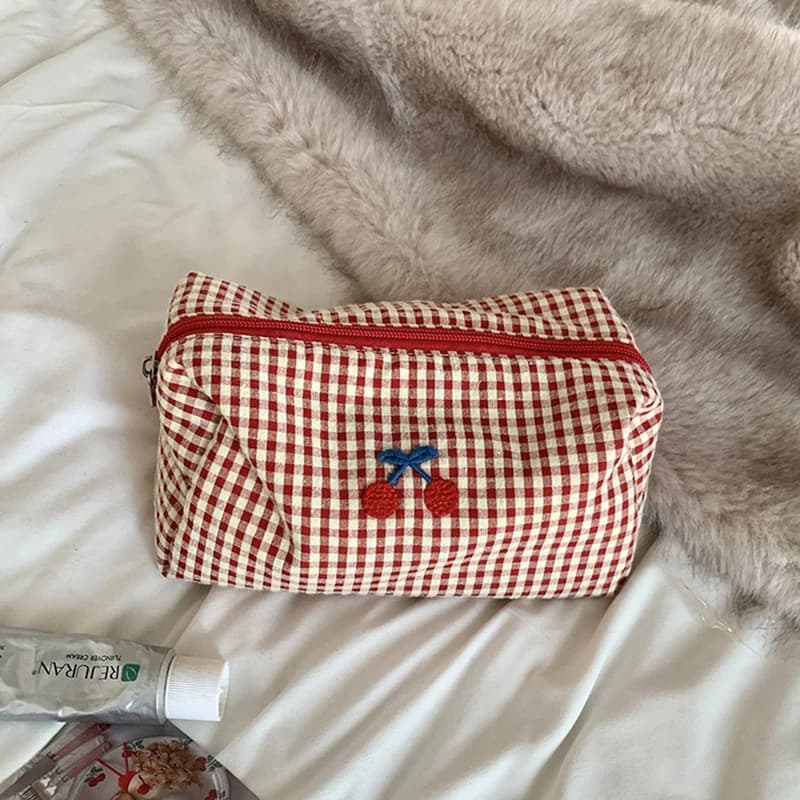 Cherry Embroidery Cotton Plaid Makeup Bag Portable Travel Cosmetic Storage Purse Multifunctional Toiletry Organizer