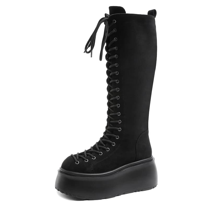 Stivali a tubo centrale con nappa con tacco a zeppa moda 8CM Stivali da cavaliere da moto con suola spessa stile gotico da donna Stivali sottili con plateau alto